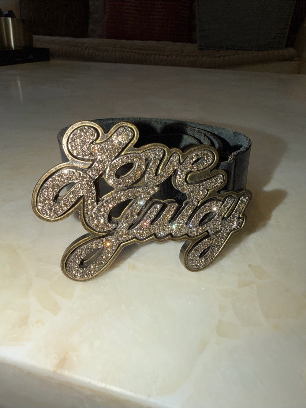Rare Y2K Juicy Couture Love Juicy Rhinestone Leather Belt Black M - Picture 2 of 9